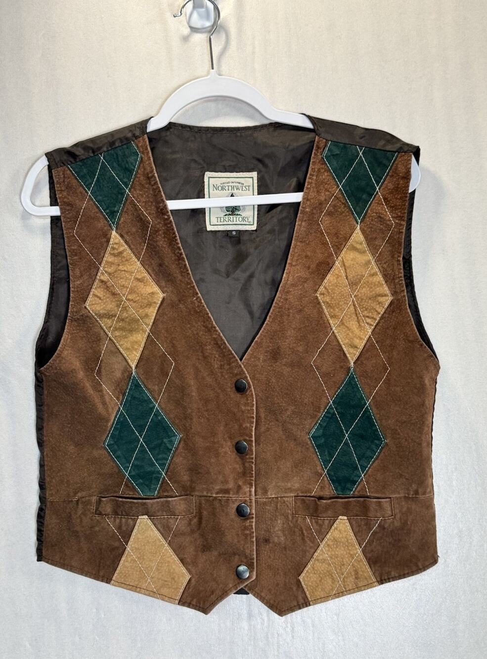 Northwest Territory Womens Argyle Suede Leather Vest Vtg Western Heritage Small